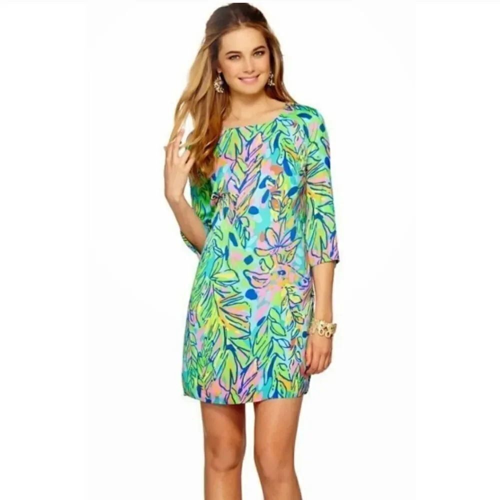 Lilly Pulitzer Carol Shift Dress in Multi Hot Spot Island 50+ UPF Satin Size 00